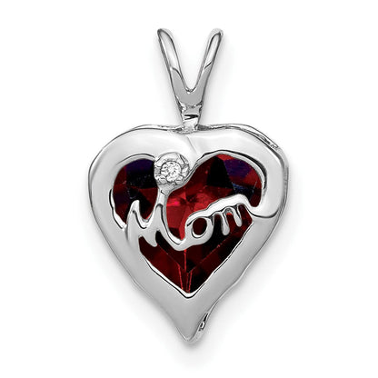 14K Weißgold Anhänger mit Granat und echten Diamanten, Herz-Design, "MOM"-Gravur