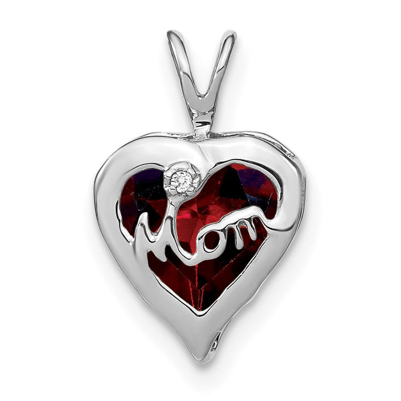 14K Weißgold Anhänger mit Granat und echten Diamanten, Herz-Design, "MOM"-Gravur