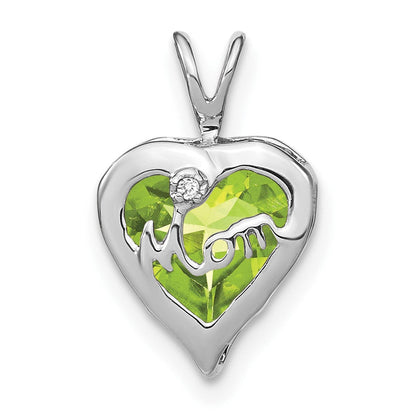 14 Karat Weißgold Peridot- und Echt-Diamant-MOM-Herzanhänger