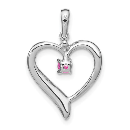 14K Weißgold Anhänger mit synthetischem Rosa Saphir und echtem Diamant, Herzform