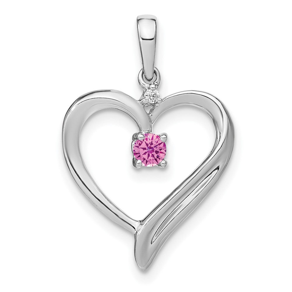 14K Weißgold Anhänger mit synthetischem Rosa Saphir und echtem Diamant, Herzform