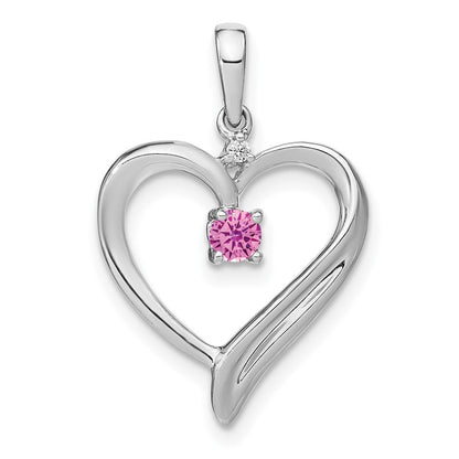 14K Weißgold Anhänger mit synthetischem Rosa Saphir und echtem Diamant, Herzform