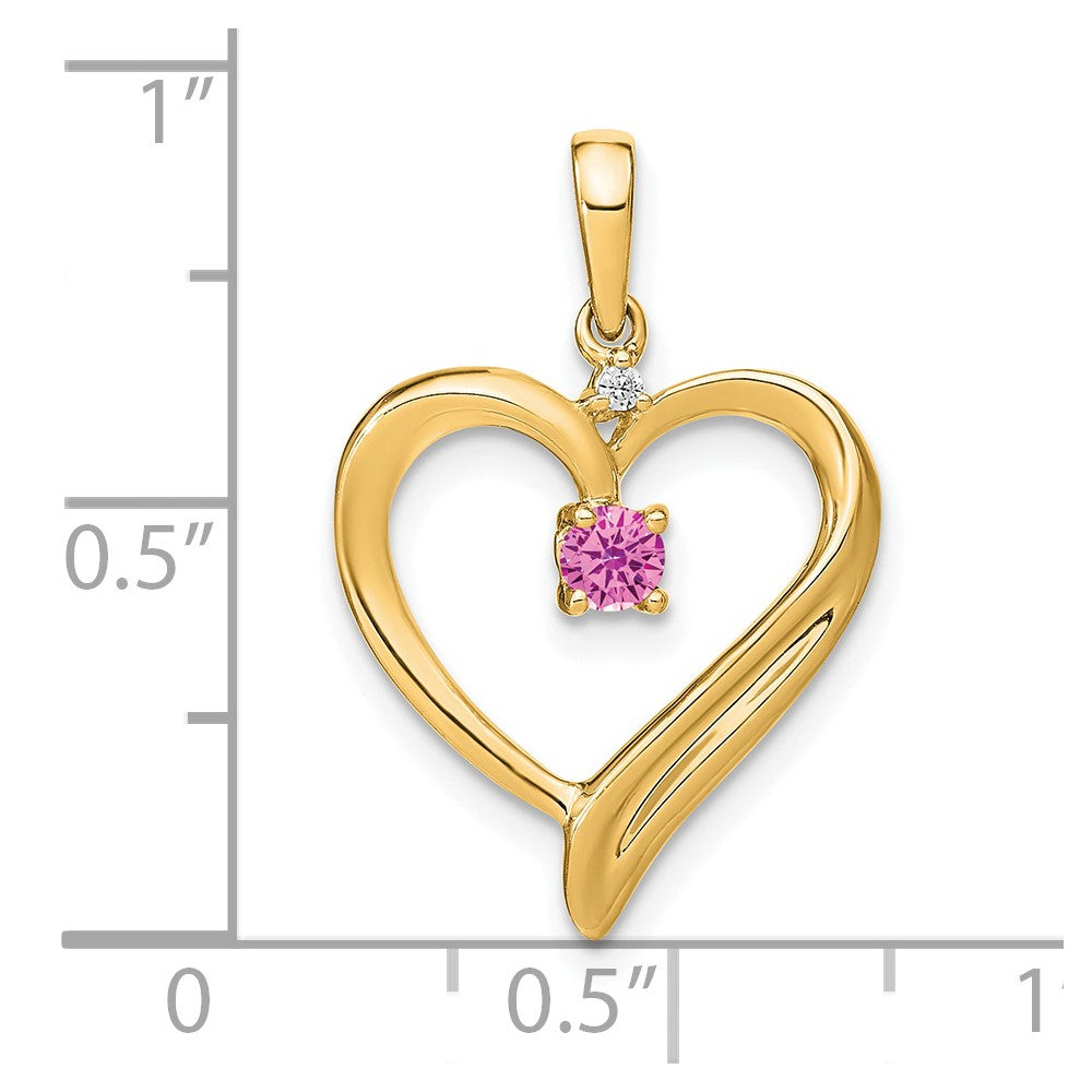 14K Gelbgold Anhänger in Herzform mit gezüchtetem Pink-Saphir und echten Diamanten