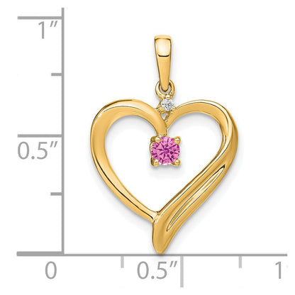 14K Gelbgold Anhänger in Herzform mit gezüchtetem Pink-Saphir und echten Diamanten