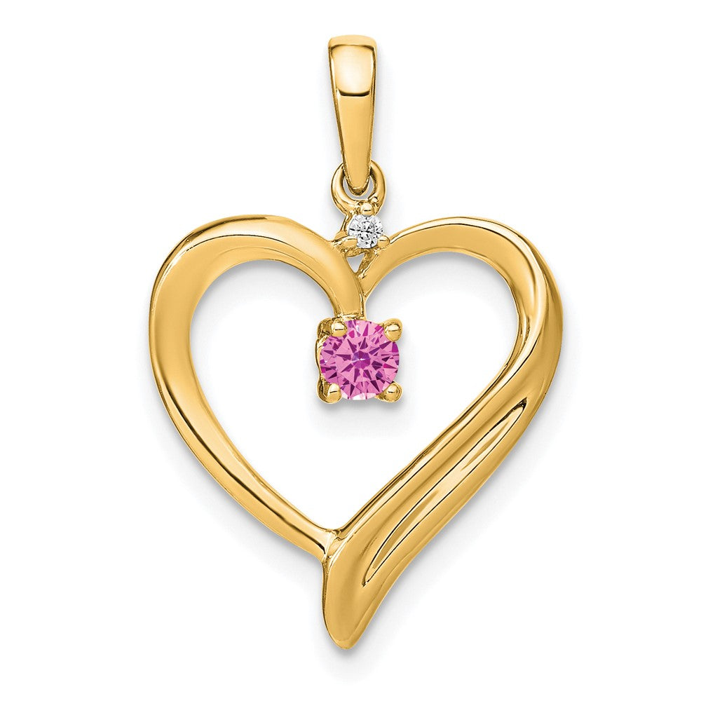 14K Gelbgold Anhänger in Herzform mit gezüchtetem Pink-Saphir und echten Diamanten