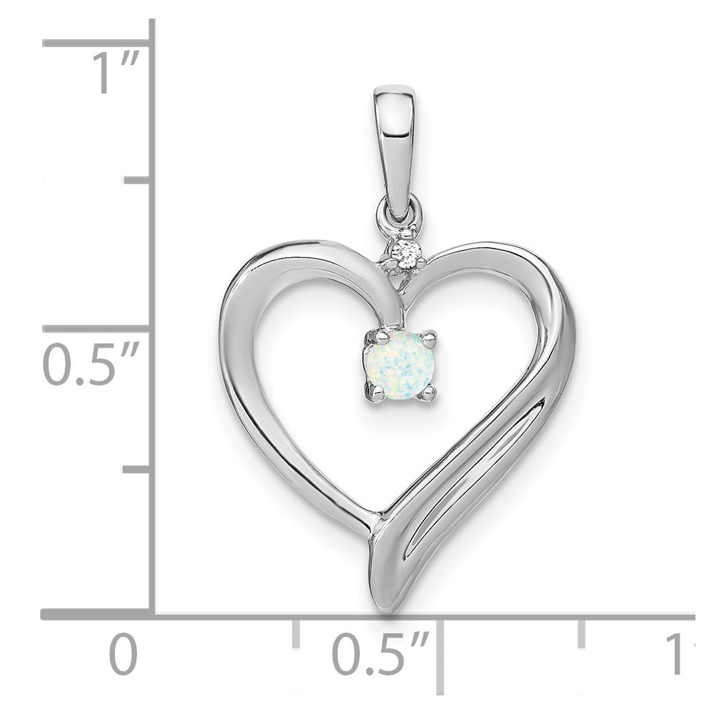 14 Karat Weißgold Herz-Anhänger mit synthetischem Opal und echtem Diamant