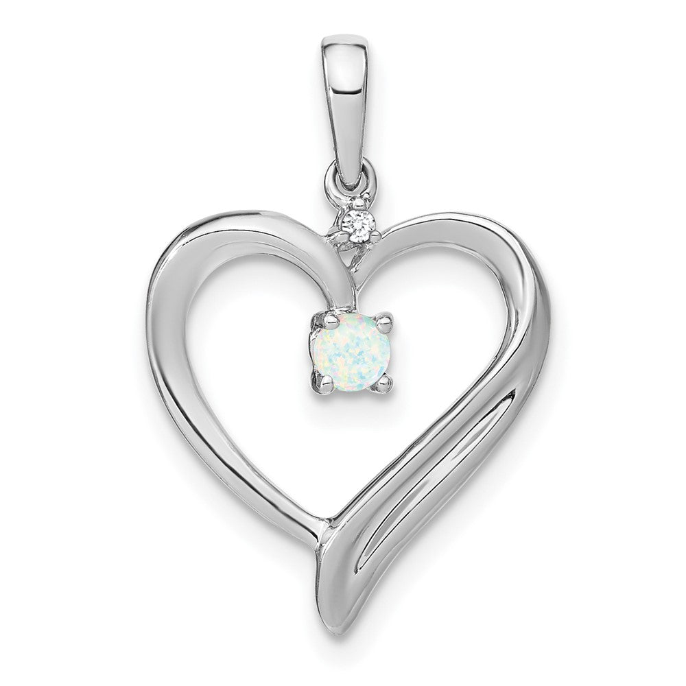 14 Karat Weißgold Herz-Anhänger mit synthetischem Opal und echtem Diamant