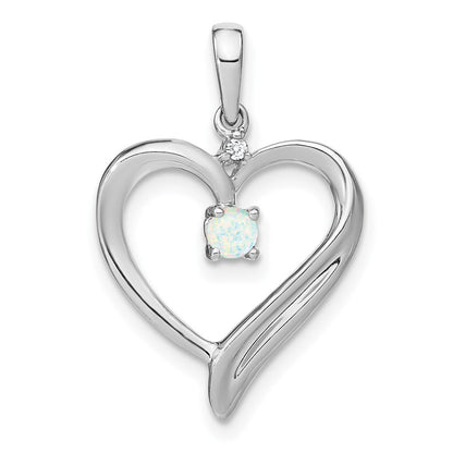 14 Karat Weißgold Herz-Anhänger mit synthetischem Opal und echtem Diamant