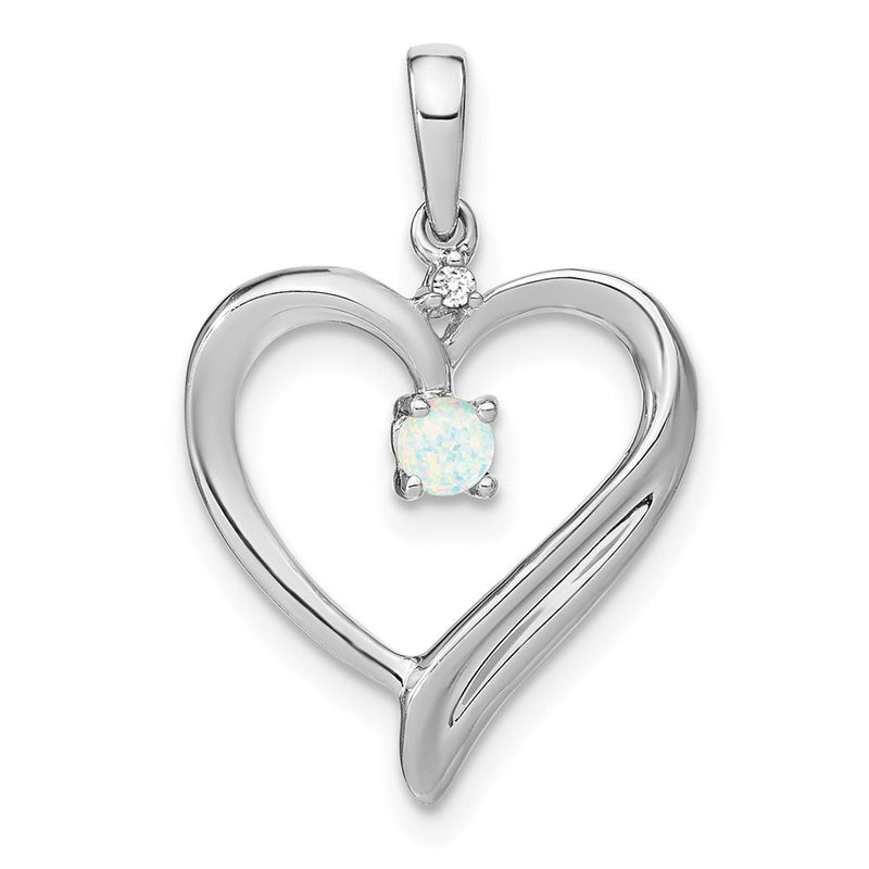 14 Karat Weißgold Herz-Anhänger mit synthetischem Opal und echtem Diamant
