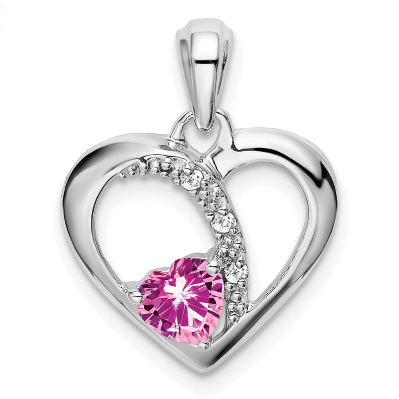 14K Weißgold Anhänger Herz mit synthetischem Pink-Saphir und echtem Diamant