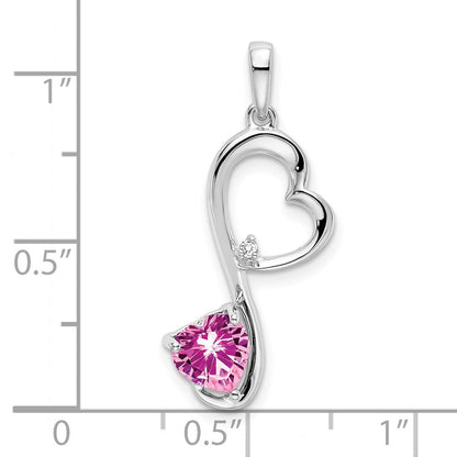 14K Weißgold Anhänger mit synthetischem rosafarbenem Saphir und echtem Diamant in Herzform