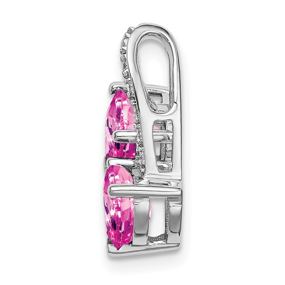 14K Weißgold Anhänger mit gezüchtetem Pink-Saphir und echten Diamanten, Doppelherz-Design