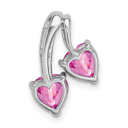 14K Weißgold Anhänger mit gezüchtetem Pink-Saphir und echten Diamanten, Doppelherz-Design