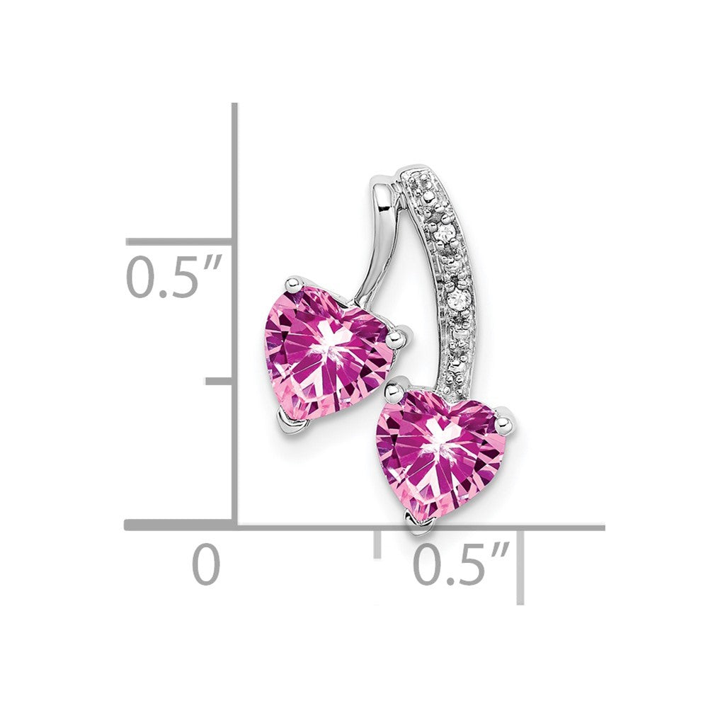 14K Weißgold Anhänger mit gezüchtetem Pink-Saphir und echten Diamanten, Doppelherz-Design