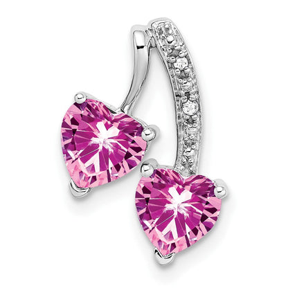 14K Weißgold Anhänger mit gezüchtetem Pink-Saphir und echten Diamanten, Doppelherz-Design