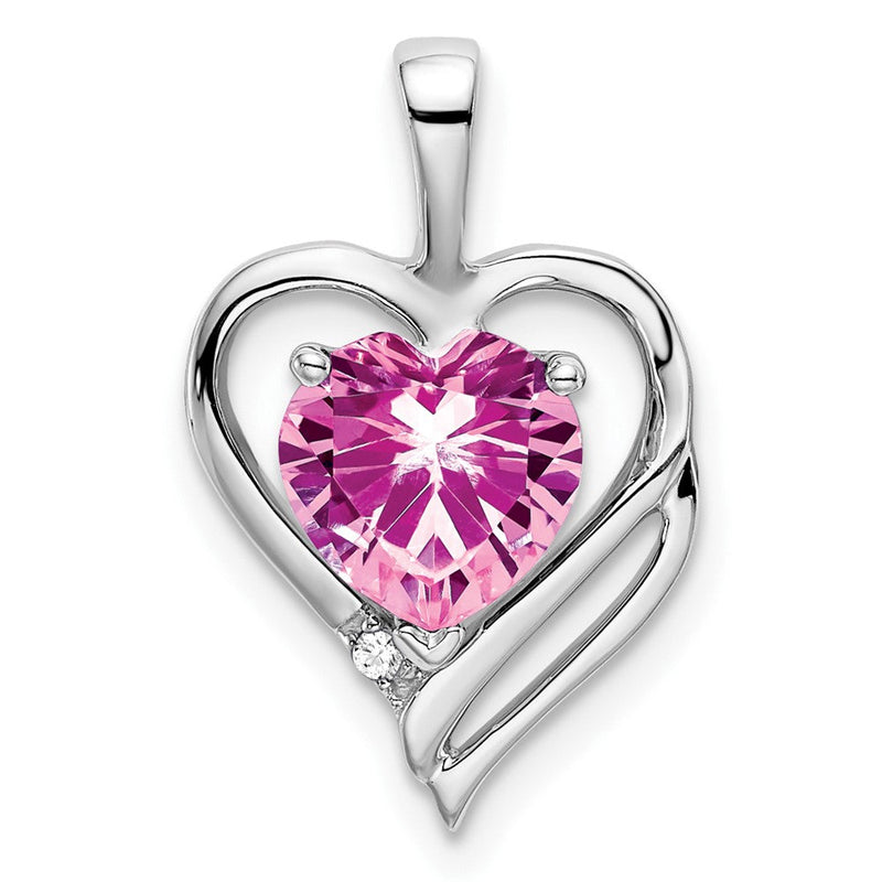 14K Weißgold Herz-Anhänger mit synthetischem rosa Saphir und echten Diamanten