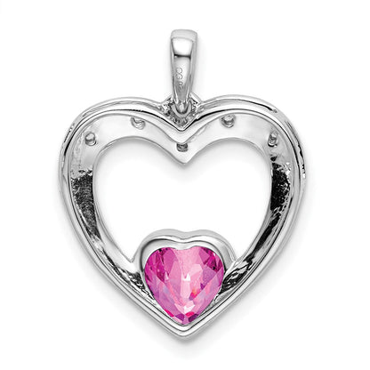 14K Weißgold Anhänger mit synthetischem rosa Saphir und echtem Diamant in Herzform