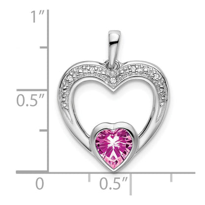 14K Weißgold Anhänger mit synthetischem rosa Saphir und echtem Diamant in Herzform