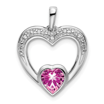 14K Weißgold Anhänger mit synthetischem rosa Saphir und echtem Diamant in Herzform