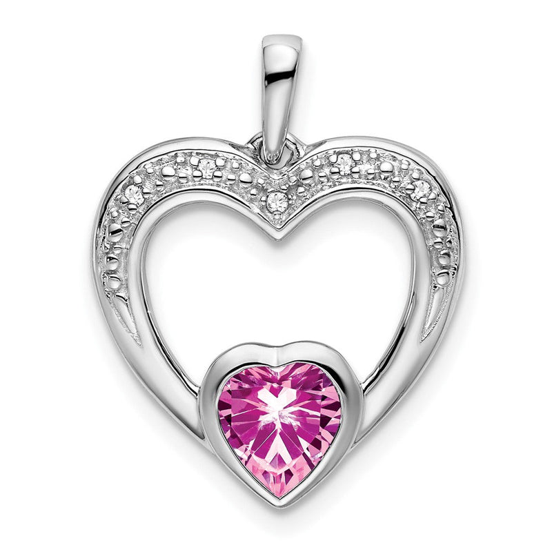 14K Weißgold Anhänger mit synthetischem rosa Saphir und echtem Diamant in Herzform