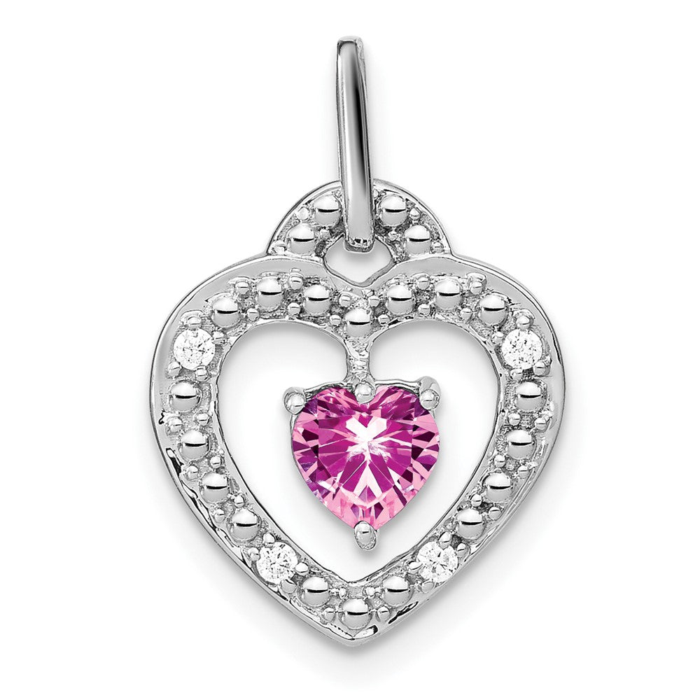 14K Weißgold Herz-Anhänger mit gezüchtetem pinkfarbenem Saphir und echtem Diamant