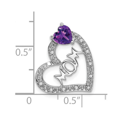 14K Weißgold Amethyst- und Echtdiamant-Herzanhänger „MOM“
