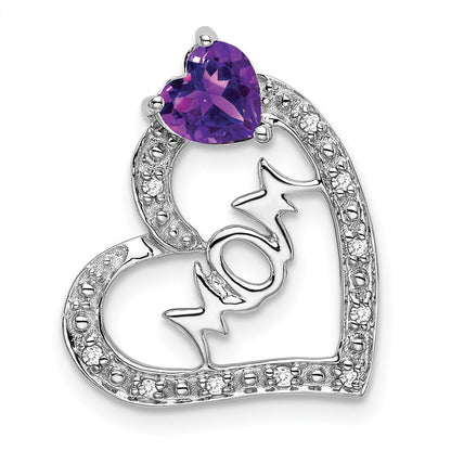 14K Weißgold Amethyst- und Echtdiamant-Herzanhänger „MOM“