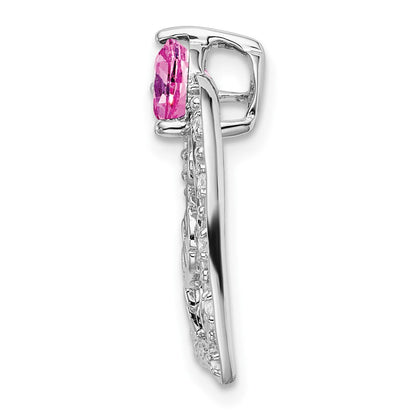 14K Weißgold Herzanhänger „MOM" mit synthetischem Pink-Saphir/echtem Diamant