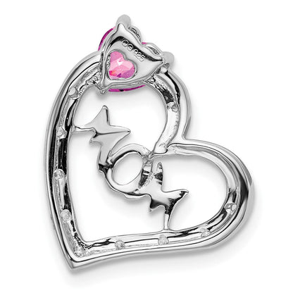 14K Weißgold Herzanhänger „MOM" mit synthetischem Pink-Saphir/echtem Diamant