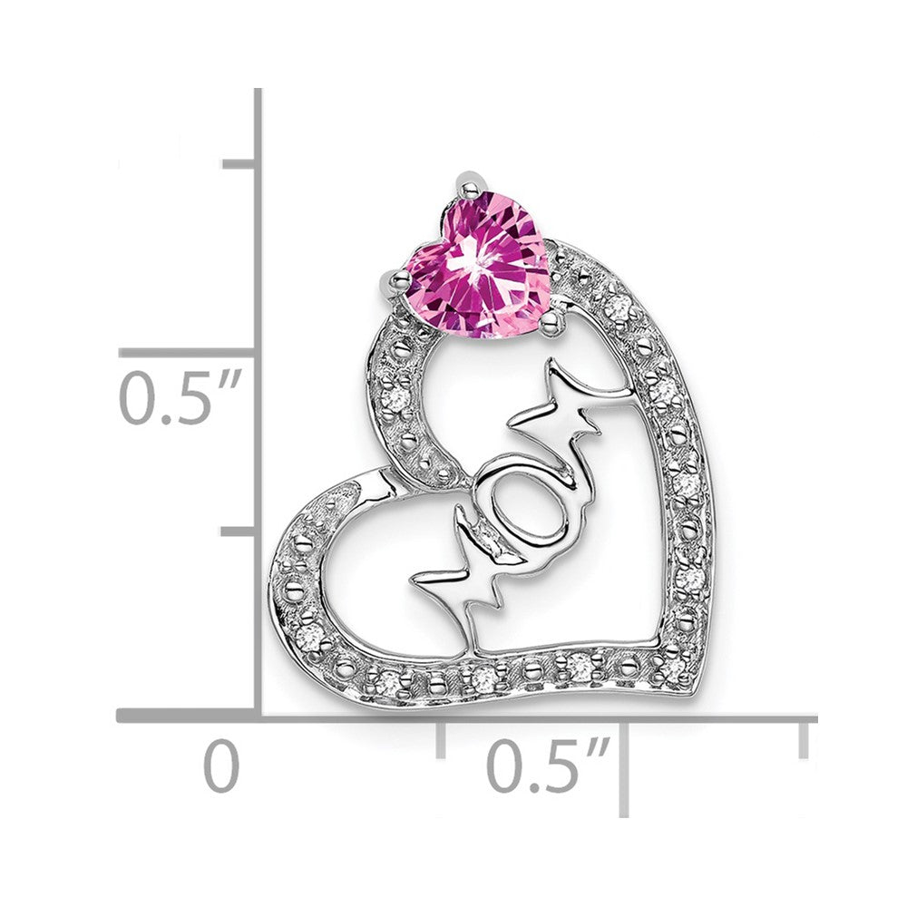 14K Weißgold Herzanhänger „MOM" mit synthetischem Pink-Saphir/echtem Diamant