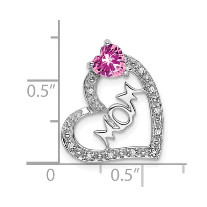14K Weißgold Herzanhänger „MOM" mit synthetischem Pink-Saphir/echtem Diamant