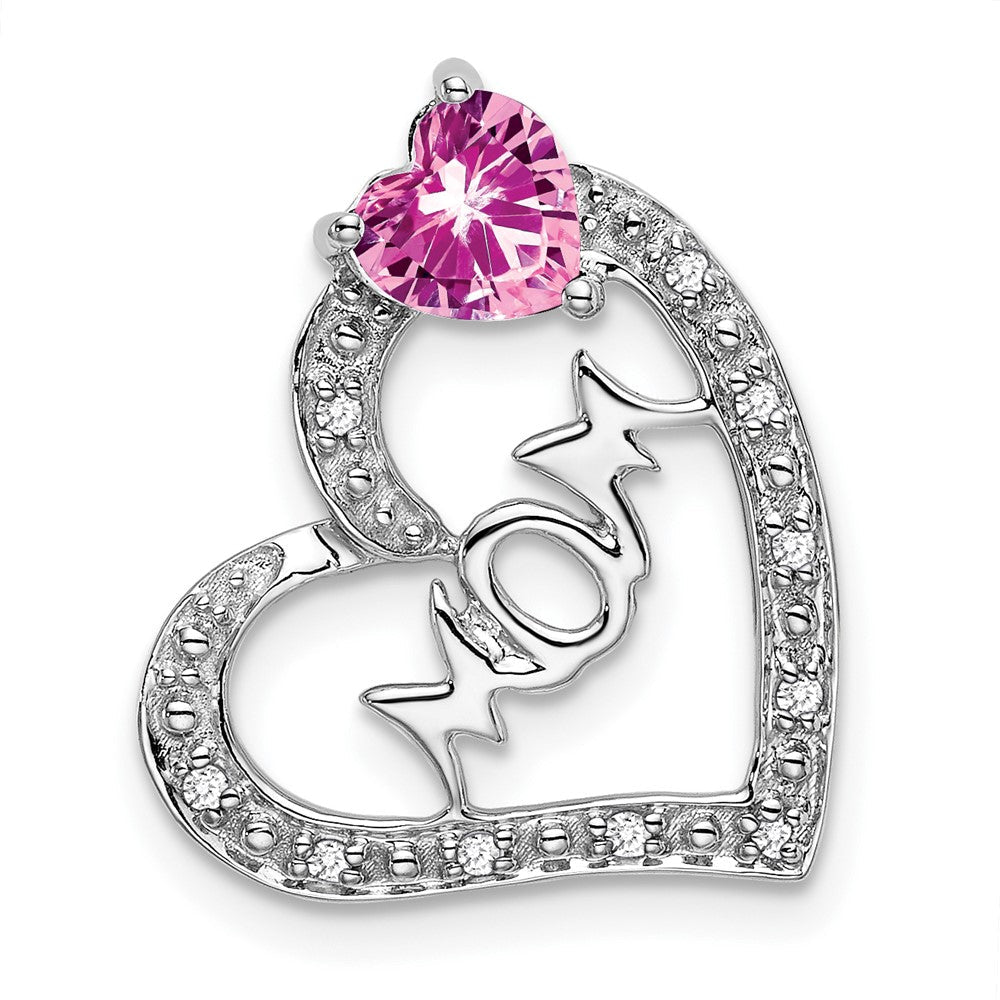 14K Weißgold Herzanhänger „MOM" mit synthetischem Pink-Saphir/echtem Diamant