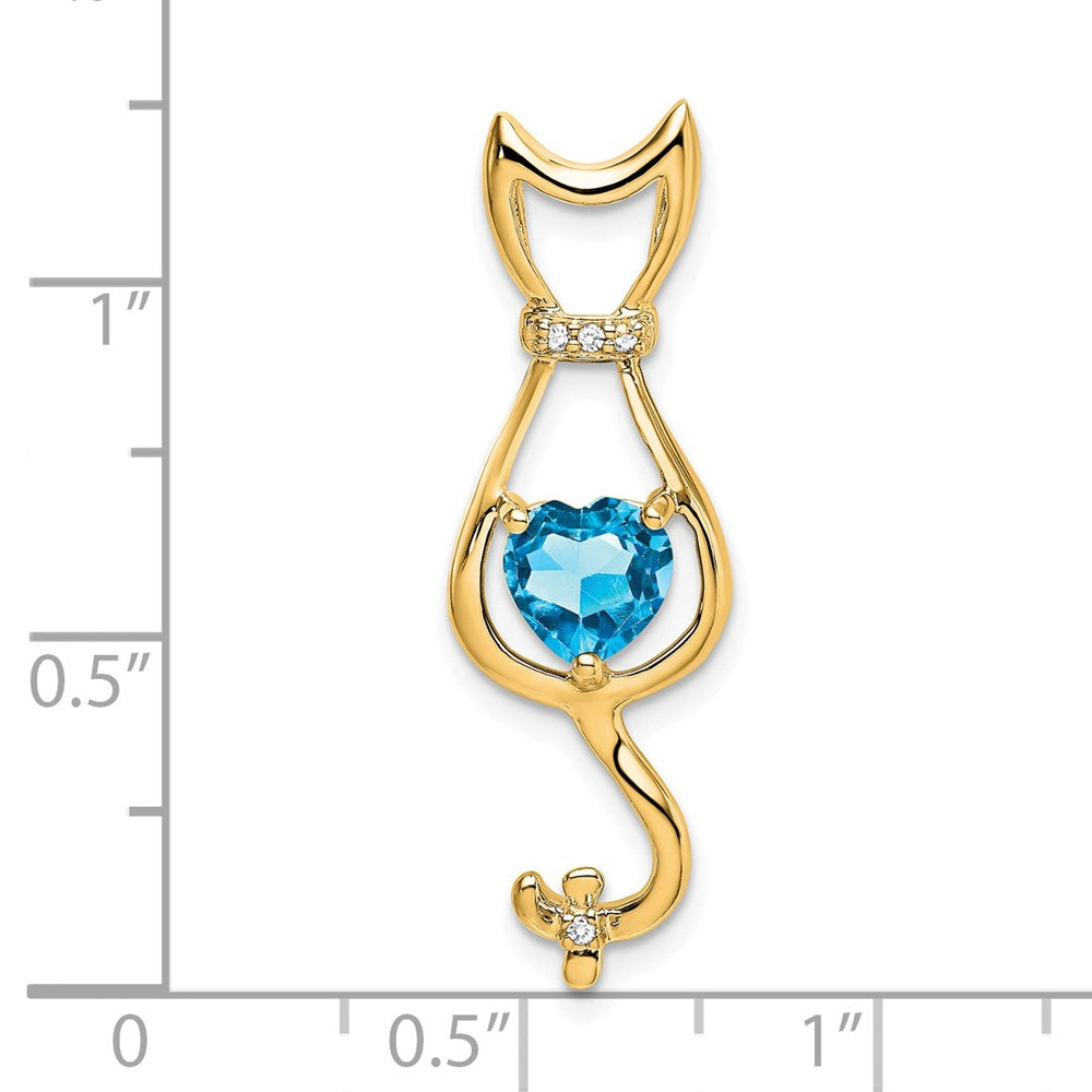 14K Gelbgold Katzenanhänger mit blauem Topas und echtem Diamant