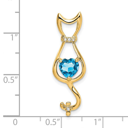 14K Gelbgold Katzenanhänger mit blauem Topas und echtem Diamant
