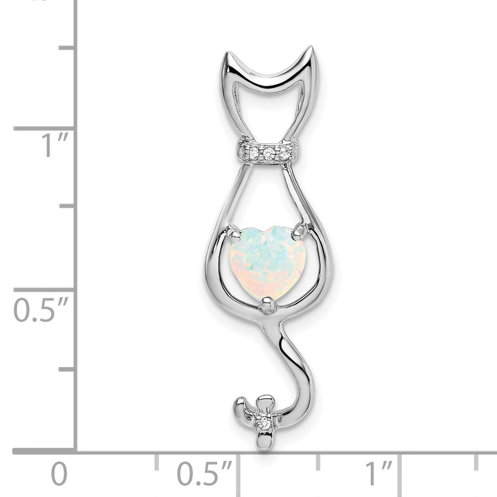 14k Weißgold Anhänger mit synthetischem Opal und echten Diamanten, Katze