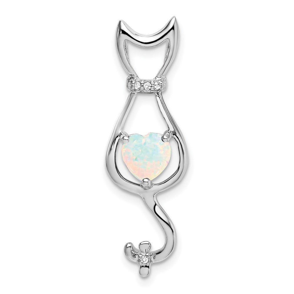 14k Weißgold Anhänger mit synthetischem Opal und echten Diamanten, Katze