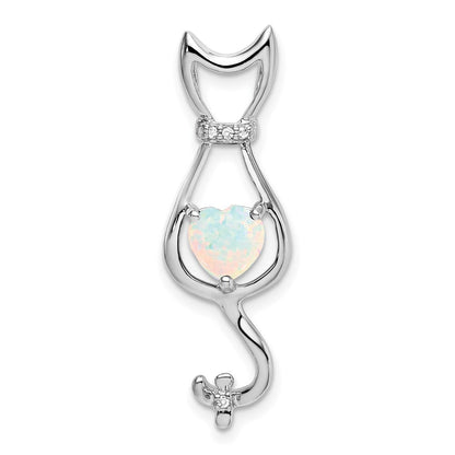14k Weißgold Anhänger mit synthetischem Opal und echten Diamanten, Katze
