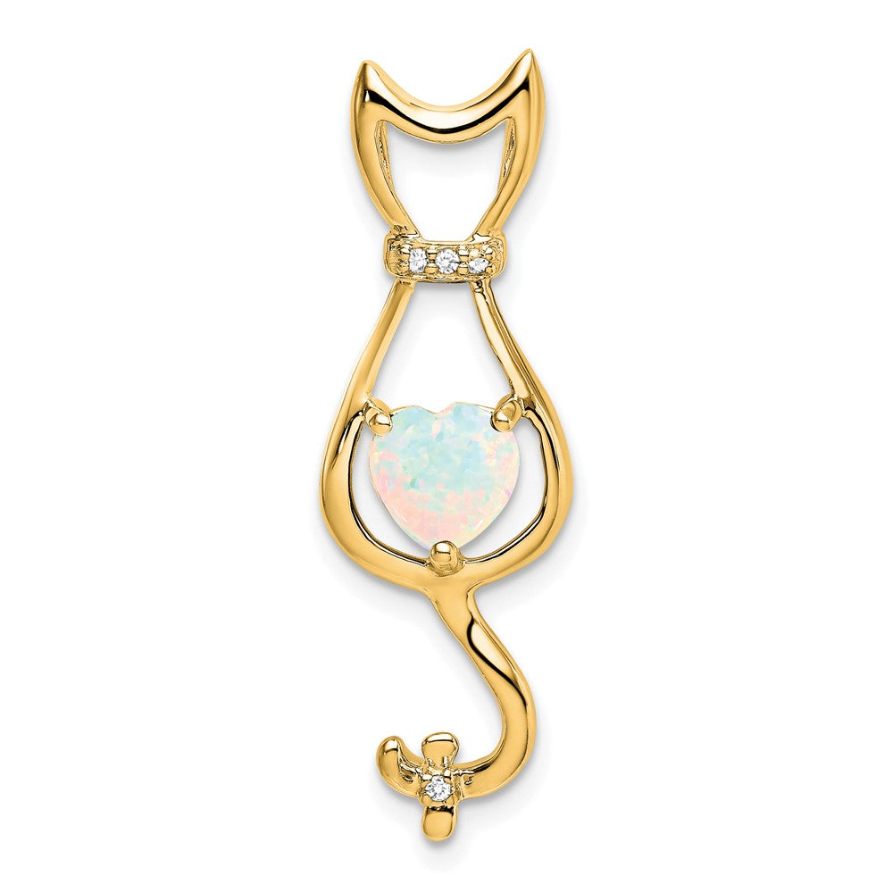 14K Gelbgold Anhänger mit synthetischem Opal und echten Diamanten in Katzen-Design