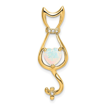 14K Gelbgold Anhänger mit synthetischem Opal und echten Diamanten in Katzen-Design