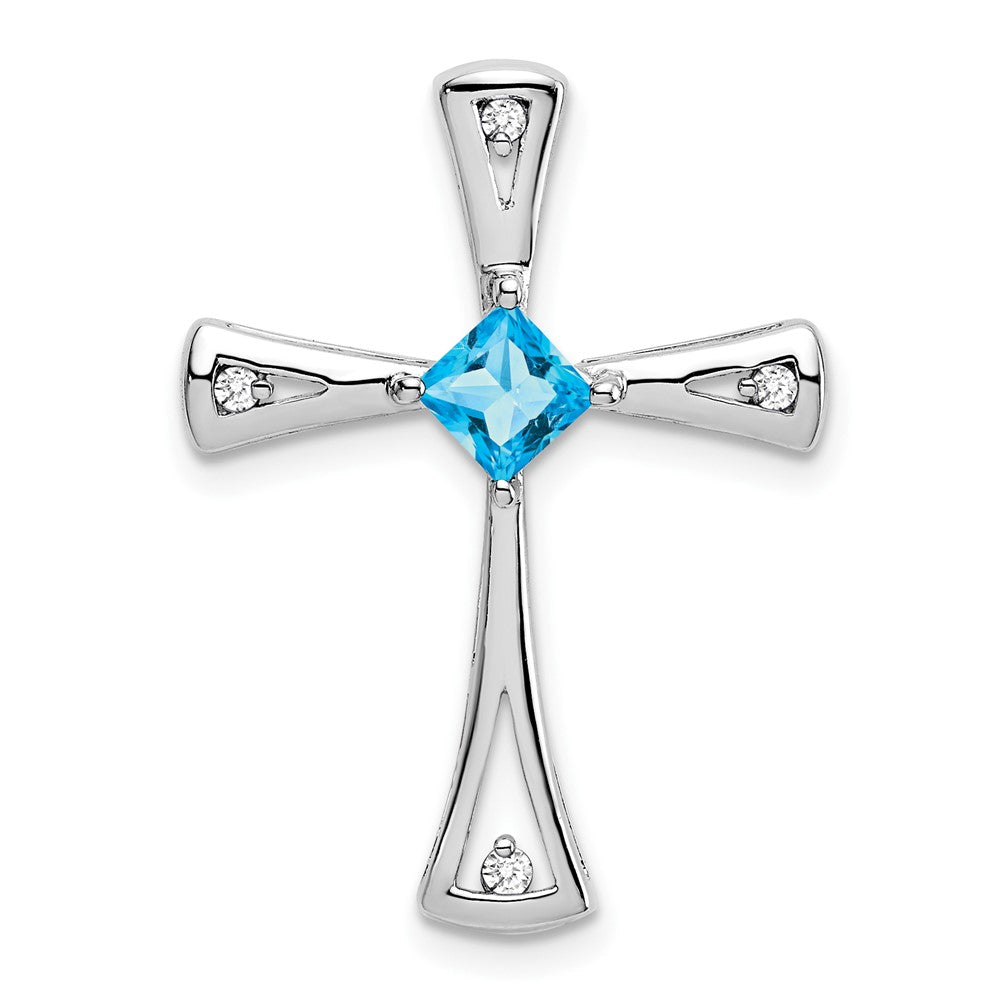 14K Weißgold Kreuzanhänger mit Blautopas und echten Diamanten
