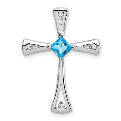 14K Weißgold Kreuzanhänger mit Blautopas und echten Diamanten