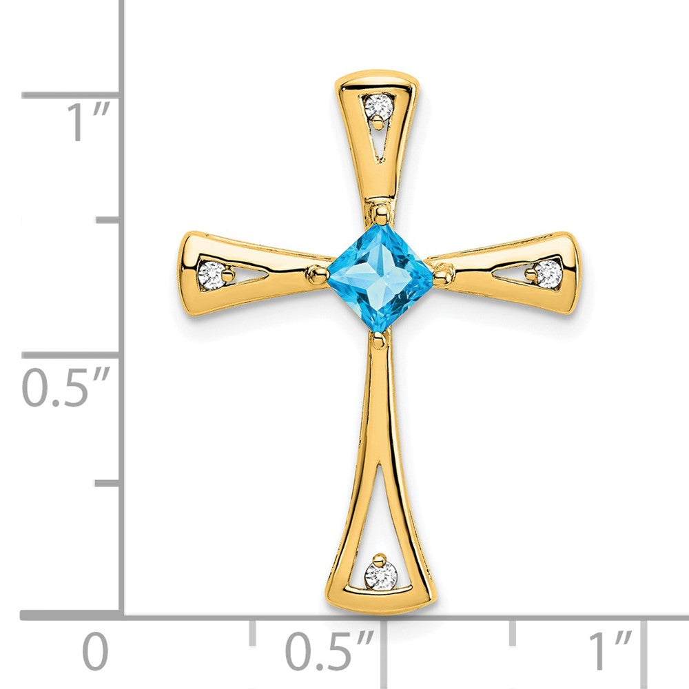 14K Gelbgold Blautopas und Echt Diamant Kreuz Kette Anhänger