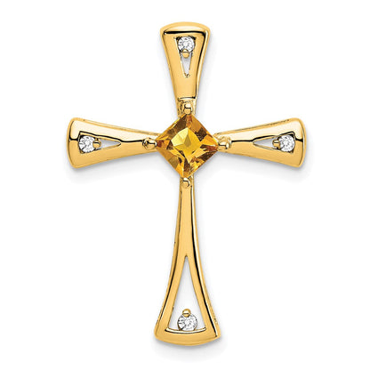 14K Gelbgold Citrin und Echt Diamant Kreuz Kette Anhänger