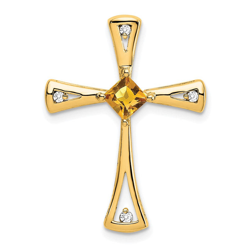 14K Gelbgold Citrin und Echt Diamant Kreuz Kette Anhänger