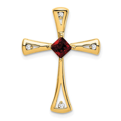14K Gelbgold Granat und Echt Diamant Kreuz Kette Anhänger