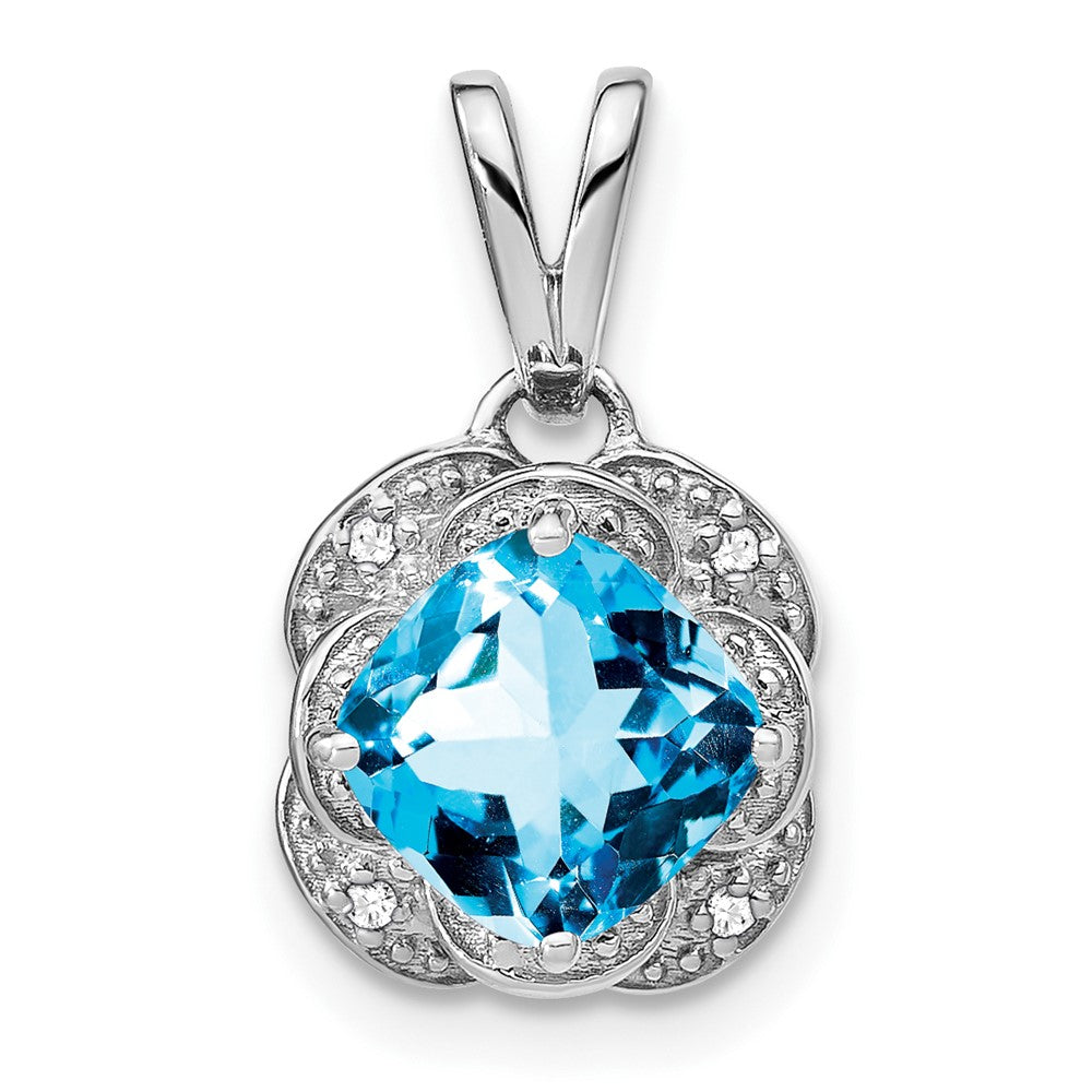 14K Weißgold Anhänger mit Blautopas im Kissenschliff und echten Diamanten