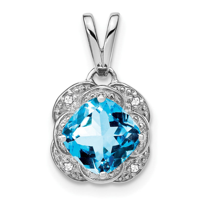 14K Weißgold Anhänger mit Blautopas im Kissenschliff und echten Diamanten