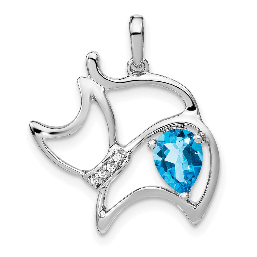14K Weißgold Katzen-Anhänger mit blauem Topas und echten Diamanten