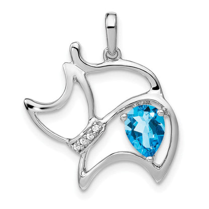 14K Weißgold Katzen-Anhänger mit blauem Topas und echten Diamanten