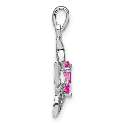 14K Weißgold Anhänger mit synthetischem Pink-Saphir und echtem Diamant in Katzenform